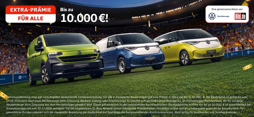 VW ID. Buzz, Transporter und Crafter im Stadion mit Konfetti, Extra-Prämie bis 10.000 € beworben.