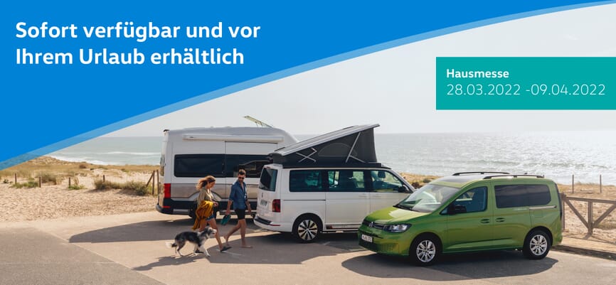 VW Campingfahrzeug banner mit Schrift: Sofort verfügbar und vor Ihrem Urlaub erhältlich und Hausmesse 2022