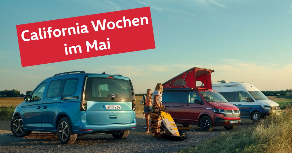 Volkswagen California Range 2021 mit Schrift California Wochen in Mai