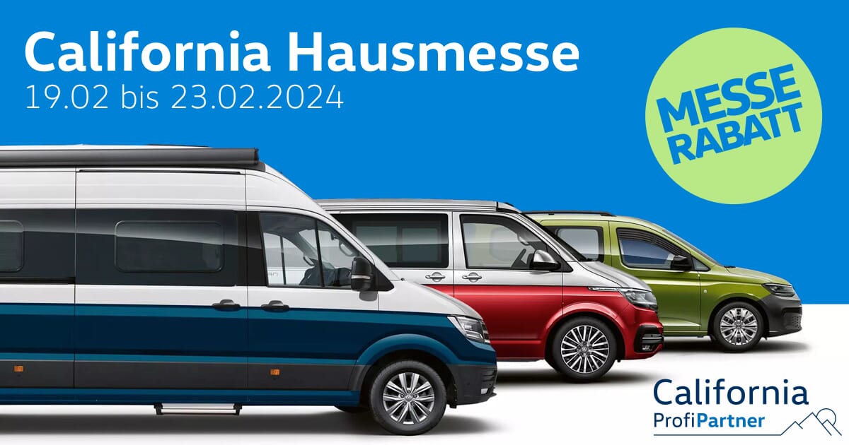 MAHAG California Hausmesse 2024 mit abbildung von ein Volkswagen California 680, T6.1 California und Caddy California. Messe Datum 19.02.2024 bis 23.02.2024.