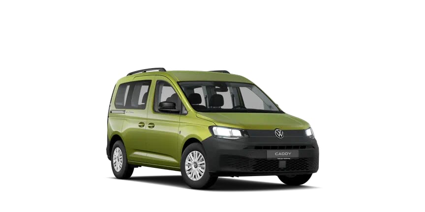 caddy-california-ico Frontansicht eines limettengrünen Volkswagen Caddy California, klein und ideal für Camping.