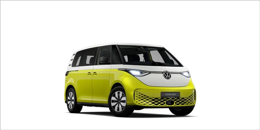 id-buzz-ico Zweifarbiger VW ID. Buzz in Weiß und Gelb, moderne Frontansicht mit charakteristischem Gitterdesign.