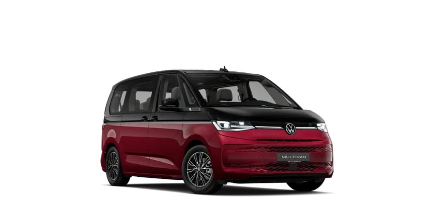 multivan-t7-ico Frontansicht eines zweifarbig schwarz-roten Volkswagen Multivan T7, vielseitig und komfortabel für Familien.