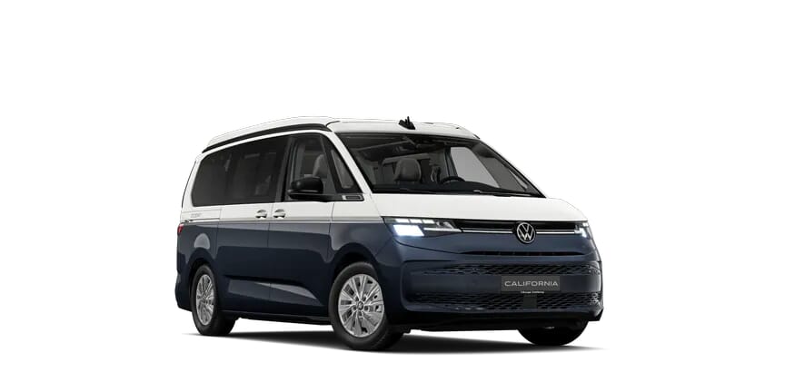 ocean-ico Zweifarbiger blau-weißer Volkswagen California Ocean T7 2024 mit geschlossenem Aufstelldach.