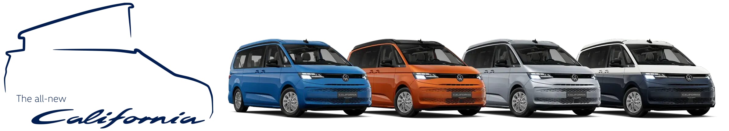 Reihe von vier neuen Volkswagen California T7 Modellen von links nach rechts: blauer Beach, orangener Beach Camper, grauer Coast und zweifarbiger blau-weißer Ocean, mit dem Text ‘The all-new California’.