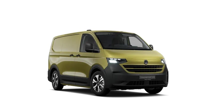 transporter-kasten-t7-ico Olivgrüner Volkswagen Transporter Kastenwagen, aerodynamische Frontgestaltung, entwickelt für effiziente Ladungstransporte.