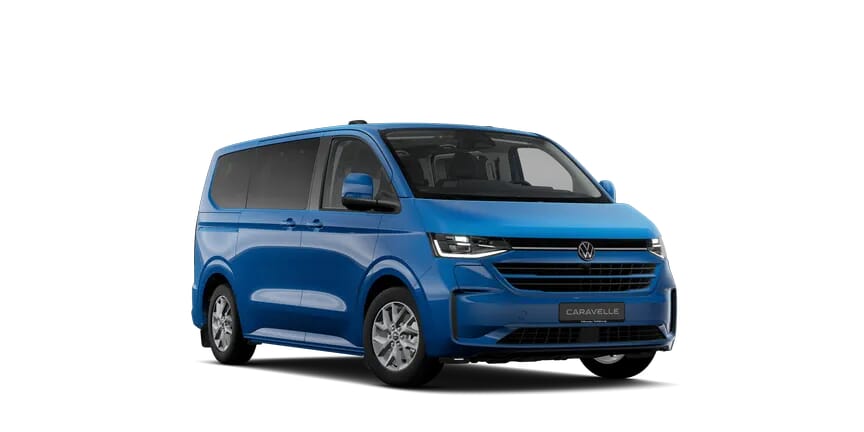 caravelle-ico Volkswagen Caravelle in Blau, Vorderansicht, modernes Design mit großzügigem Innenraum für den Personentransport.