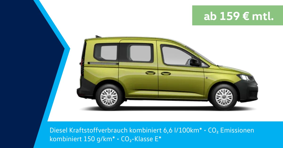 Grüner Volkswagen Caddy California seitlich vor weißem Hintergrund, mit Leasingangebot „ab 159 € mtl.“ und Angaben zum Kraftstoffverbrauch und CO₂-Emissionen.