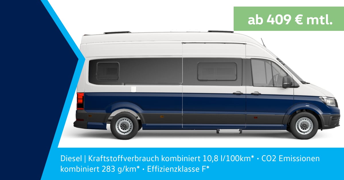 Zweifarbig weiß-blauer Volkswagen Grand California 680 seitlich vor weißem Hintergrund, mit Leasingangebot „ab 409 € mtl.“ und Angaben zum Kraftstoffverbrauch und CO₂-Emissionen.