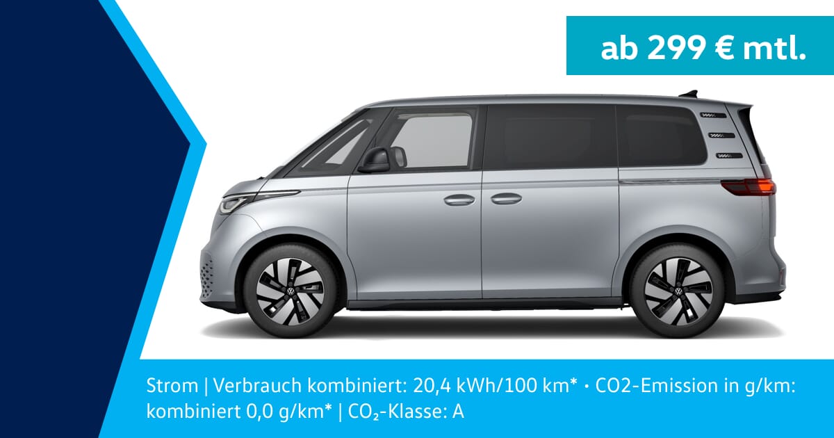 Silberner Volkswagen ID. Buzz Pro seitlich vor weißem Hintergrund, mit Leasingangebot und Angaben zum Stromverbrauch und CO₂-Emissionen.