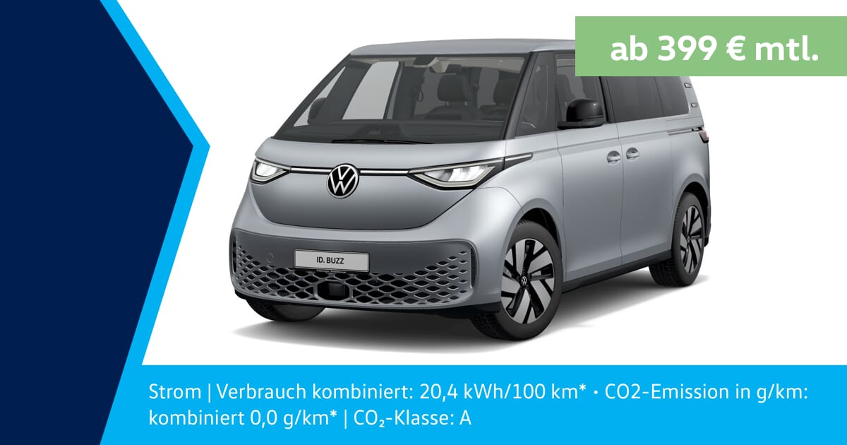 Silberner Volkswagen ID. Buzz Pro schräg von vorne vor weißem Hintergrund, mit Leasingangebot und Angaben zum Stromverbrauch und CO₂-Emissionen.