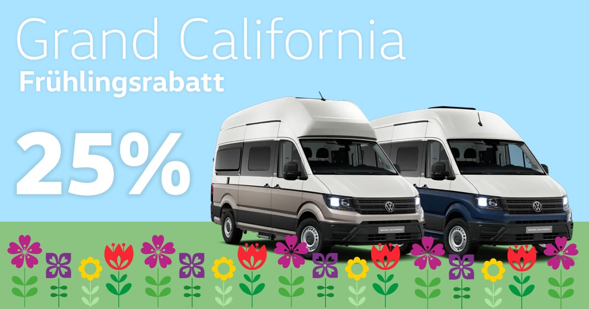 Werbebild für den Grand California Frühlingsrabatt von 25 %. Das Design zeigt einen hellblauen Himmel als Hintergrund mit bunten, illustrierten Blumen am unteren Rand. Zwei Volkswagen Grand California Campingbusse stehen im Vordergrund.