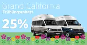 Werbebild für den Grand California Frühlingsrabatt von 25 %. Das Design zeigt einen hellblauen Himmel als Hintergrund mit bunten, illustrierten Blumen am unteren Rand. Zwei Volkswagen Grand California Campingbusse stehen im Vordergrund.