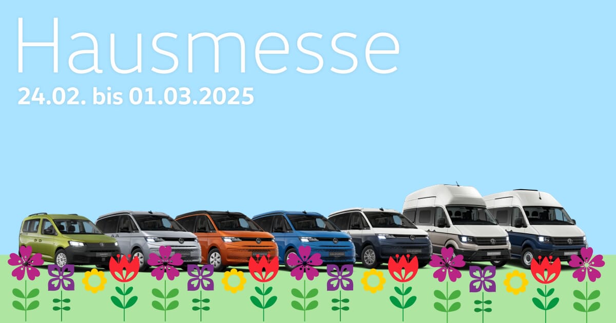 Werbebanner für die ‘Hausmesse’ vom 24. Februar bis 1. März 2025. Das Bild zeigt sechs Volkswagen Campingbusse und Transporter in verschiedenen Farben, die in einer Reihe vor einem hellblauen Himmel stehen. Eine dekorative Reihe bunter, illustrierter Blumen ziert den unteren Bildrand.