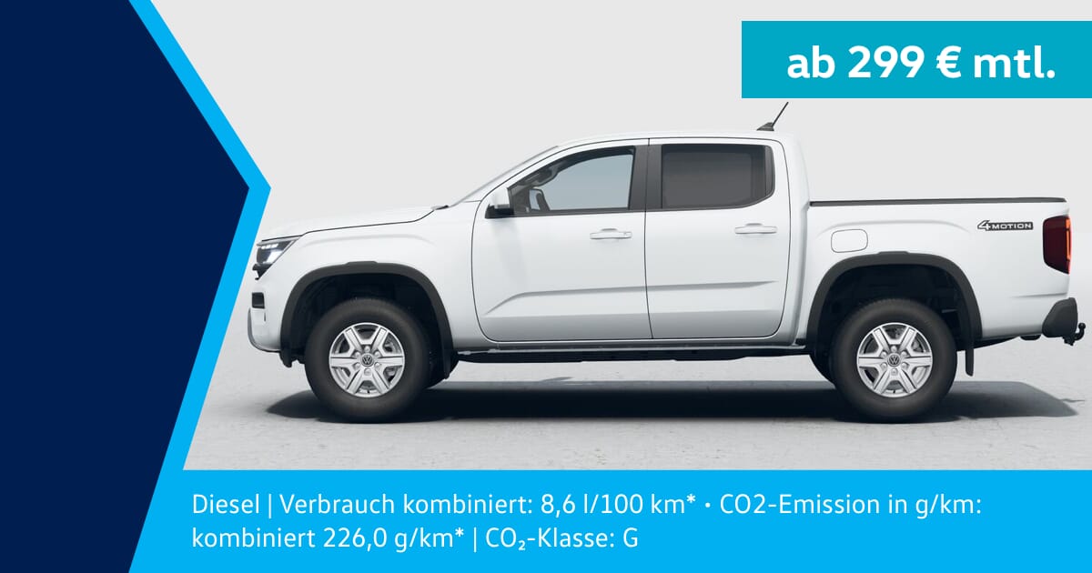 Weißer Volkswagen Amarok Pickup in Seitenansicht vor einem neutralen Hintergrund. Werbetext auf Deutsch weist auf ein Leasingangebot ab 299 Euro pro Monat hin. Zusätzliche Details: Dieselverbrauch von 8,6 Litern pro 100 km, CO₂-Emissionen von 226 g/km und CO₂-Effizienzklasse G.
