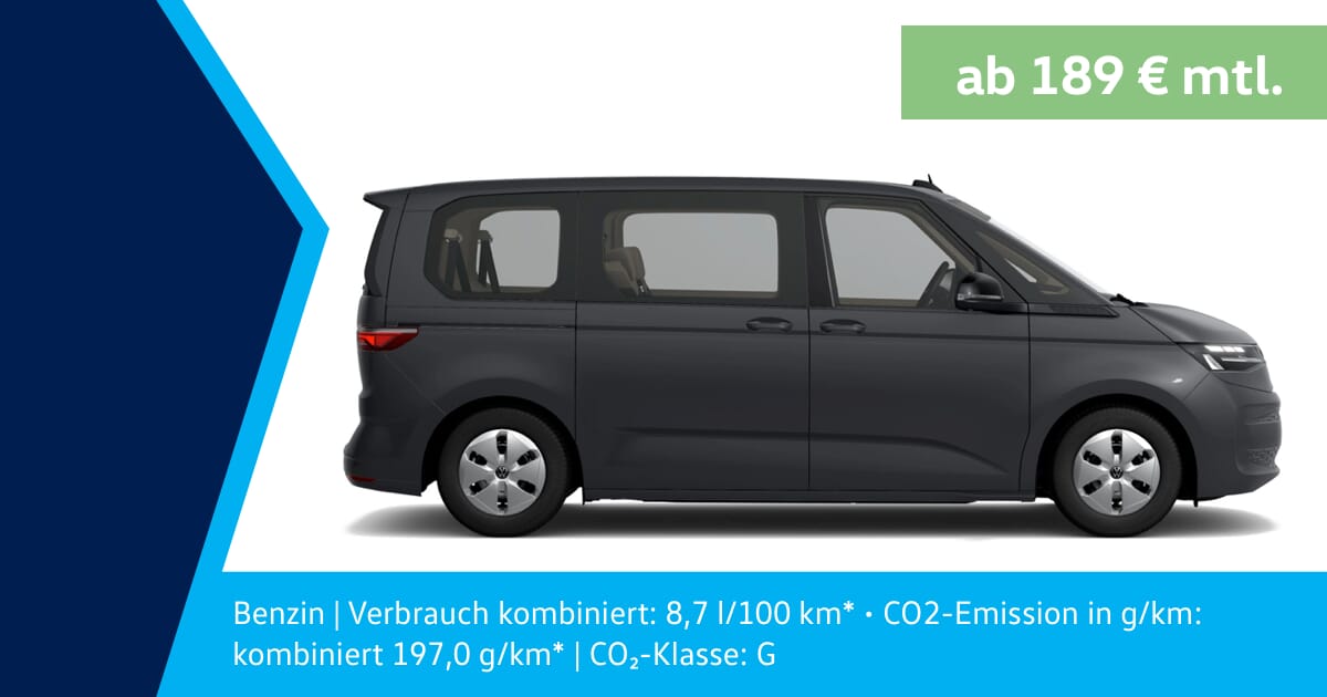 Seitenansicht eines grauen Volkswagen Multivan T7 in einem Leasingangebot. Der Benzinverbrauch beträgt kombiniert 8,7 l/100 km, CO2-Emissionen von 197,0 g/km, CO2-Klasse G.