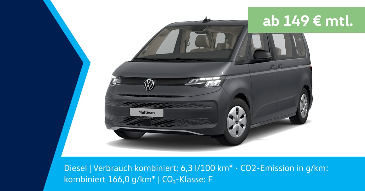 Frontansicht eines grauen Volkswagen Multivan T7, dargestellt in einem Leasingangebot und einem kombinierten Kraftstoffverbrauch von 6,3 l/100 km, CO2-Emissionen von 166,0 g/km, CO2-Klasse F.