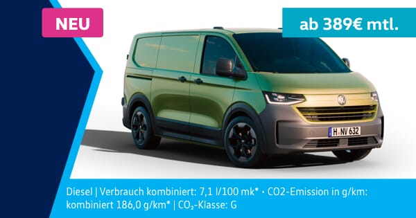 Volkswagen Transporter 2024 in Warm Green Metallic, Dieselangebot für 389 Euro monatlich, Verbrauch 7,1 l/100 km, CO2-Emissionen 186 g/km, CO2-Klasse G.