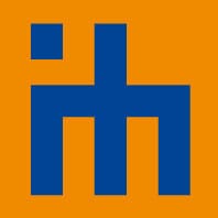 Logo der Internationalen Handwerksmesse mit stilisierten blauen Buchstaben 'ih' auf orangefarbenem Hintergrund.