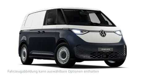 Dreiviertel-Frontansicht eines zweifarbigen Volkswagen ID. Buzz Cargo Pro in Blau und Weiß auf neutralem Hintergrund.