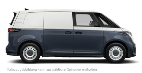Seitenansicht eines zweifarbigen Volkswagen ID. Buzz Cargo Pure in Blau und Weiß auf neutralem Hintergrund.