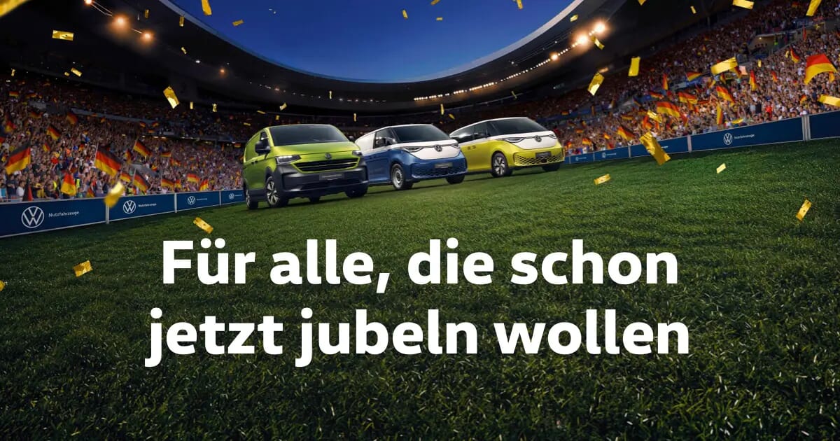 VW ID. Buzz, Transporter und Crafter im Stadion mit Fans und Konfetti, Aktionsslogan im Vordergrund.