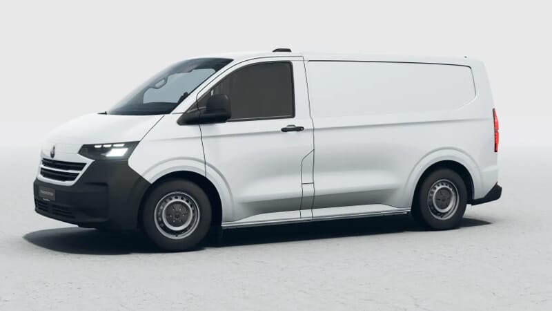VW e-Transporter Kastenwagen in Seitenansicht auf neutralem Hintergrund.