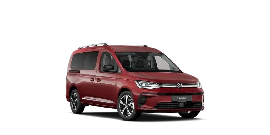 caddy-ico-2027 Frontansicht eines bordeauxrote Volkswagen Caddy, ideal für den Alltagseinsatz.