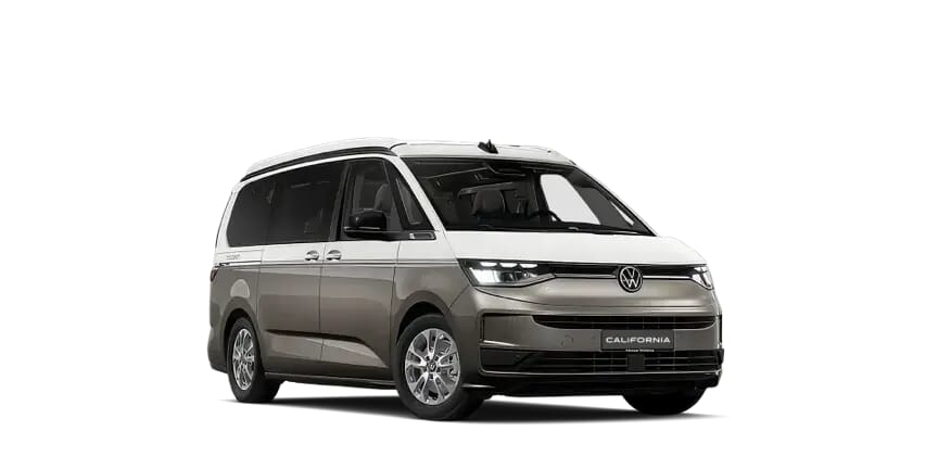 california-t7-ico-2007 Zweifarbiger grau-weißer Volkswagen California Ocean T7 2024 mit geschlossenem Aufstelldach.