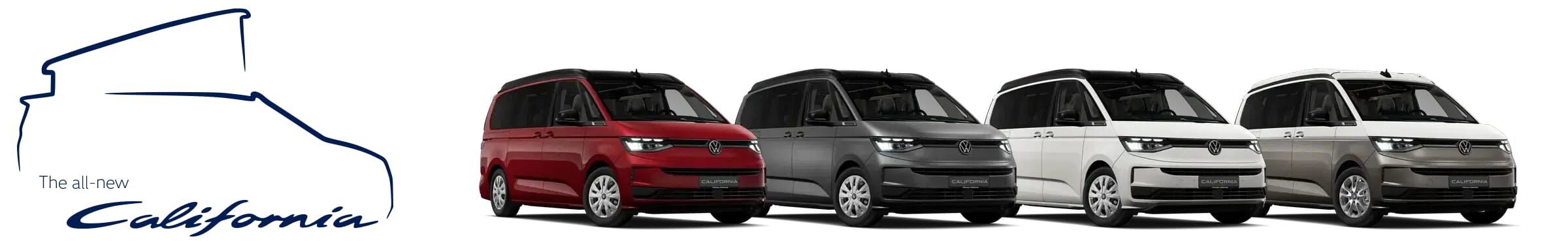 Eine Reihe von vier neuen Volkswagen California T7 Modellen (Modelljahr 2027) von links nach rechts: ein roter Beach, ein anthrazitfarbener Beach Camper, ein weißer Coast und ein zweifarbiger grau-weißer Ocean, mit dem Text ‚The all-new California‘.“
