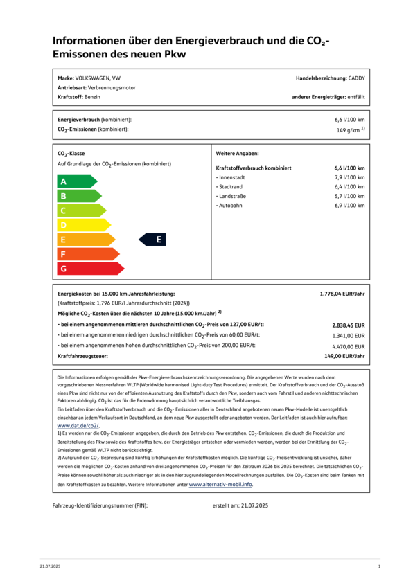Energieverbrauchskennzeichnung nach Pkw-EnVKV