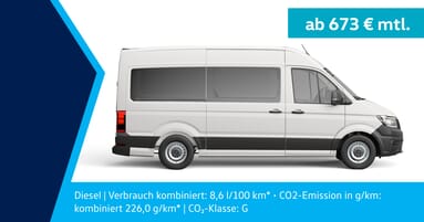 Weißer Volkswagen Crafter Kombi 35 HD Van in Seitenansicht vor einem neutralen Hintergrund. Werbetext auf Deutsch bewirbt ein Leasingangebot ab 673 Euro pro Monat. Zusätzliche Details: kombinierter Kraftstoffverbrauch von 8,6 Litern pro 100 km und CO₂-Emissionen von 226 g/km.