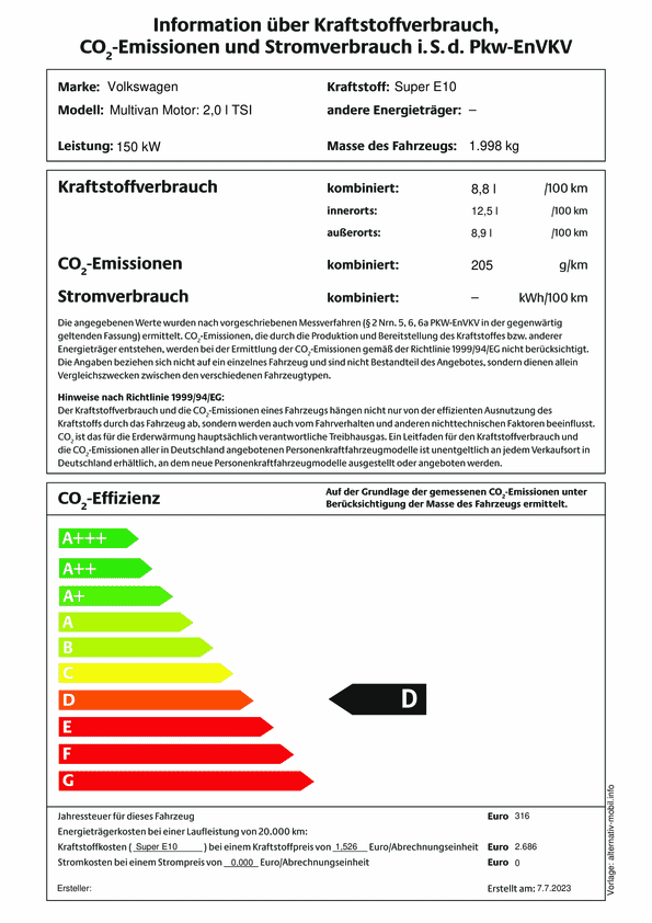 Energieverbrauchskennzeichnung nach Pkw-EnVKV