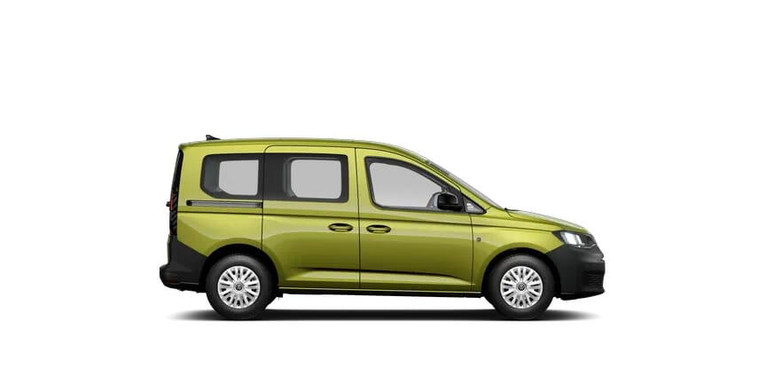Volkswagen Caddy California Minicamper in Limettengrün, Seitenansicht mit transparentem Hintergrund.