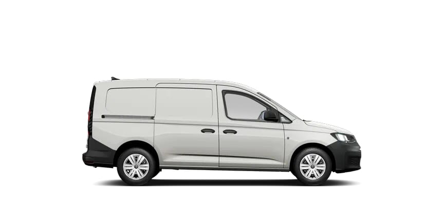 Volkswagen Caddy Cargo Transporter in Hellgrau, Seitenansicht mit transparentem Hintergrund.