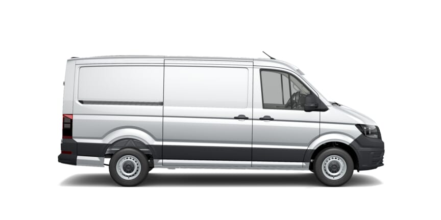 Volkswagen Crafter Transporter in Silber, Seitenansicht mit transparentem Hintergrund.