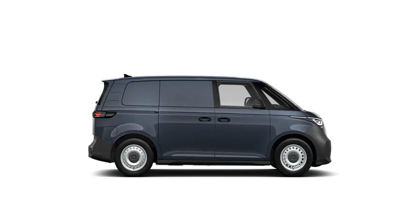 Volkswagen ID. Buzz Cargo Elektrotransporter in Dunkelgrau, Seitenansicht mit transparentem Hintergrund.