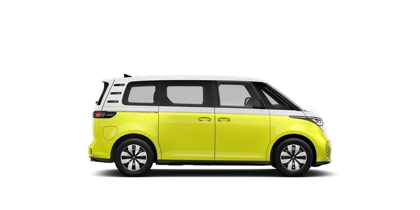 Volkswagen ID. Buzz Elektrovan in Gelb und Weiß, Seitenansicht mit transparentem Hintergrund.