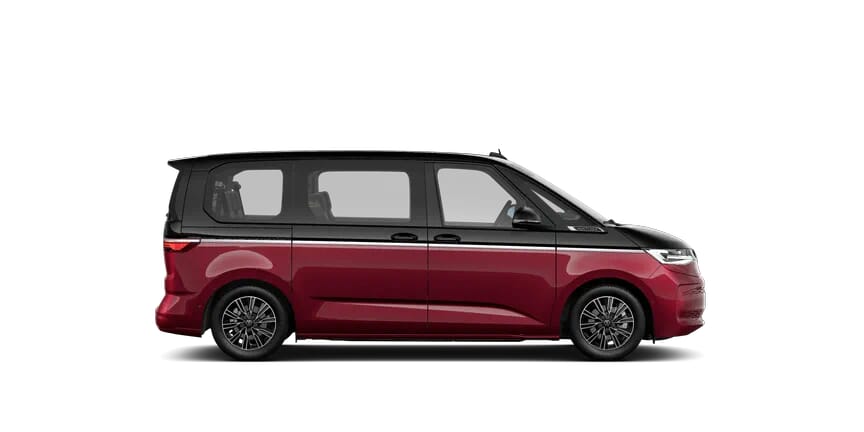 Volkswagen Multivan T7 in zweifarbigem Rot und Schwarz, Seitenansicht auf transparentem Hintergrund.