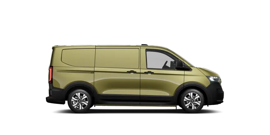 Volkswagen Transporter Kasten T7 in Limettengrün, Seitenansicht mit transparentem Hintergrund.