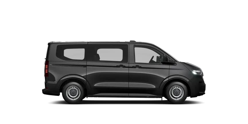 Volkswagen Transporter Kombi Personenbus in Schwarz, Seitenansicht mit transparentem Hintergrund.